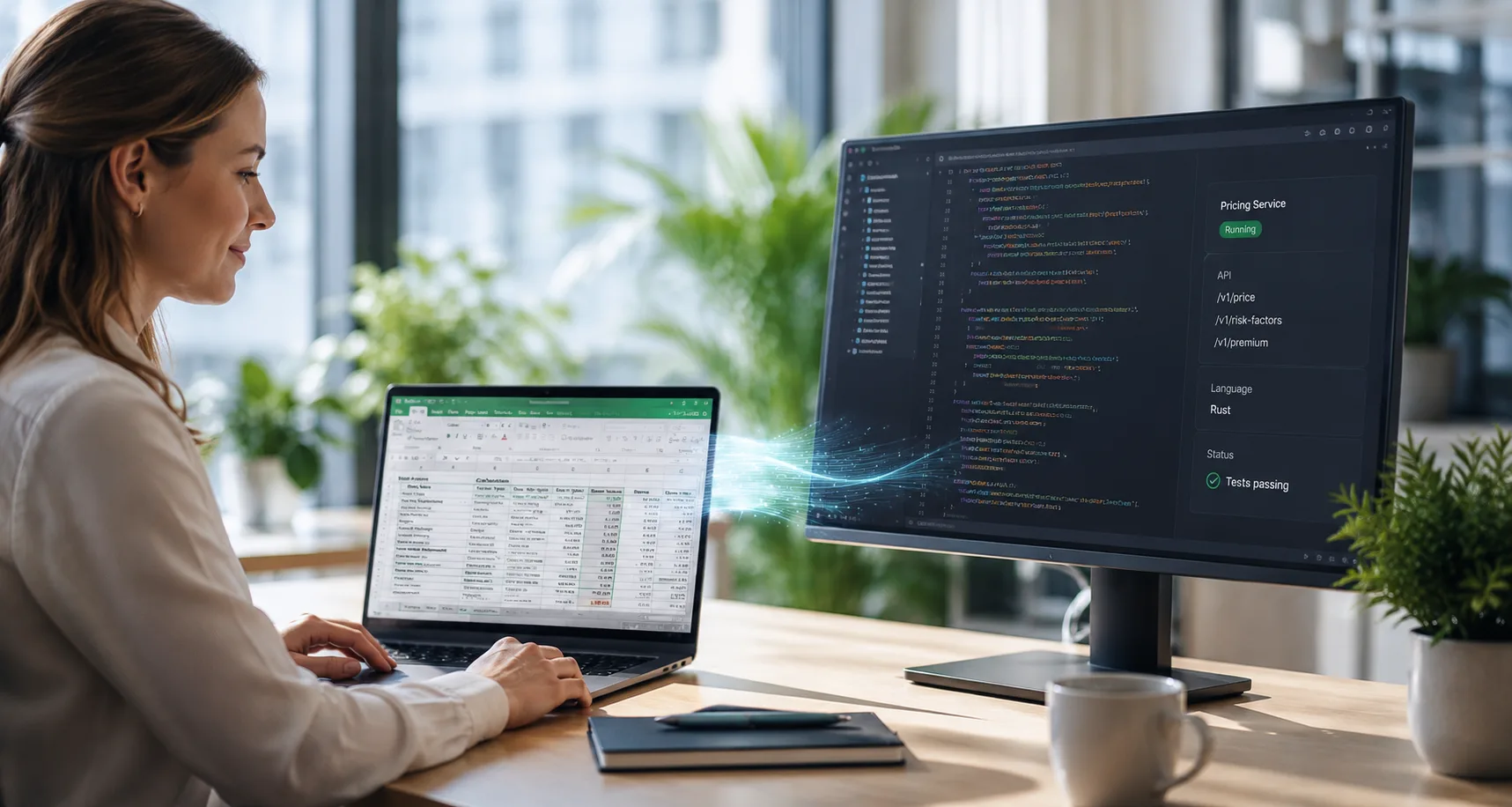 Excel pricing model on a laptop transpiled into a generated, type-safe service with passing tests
