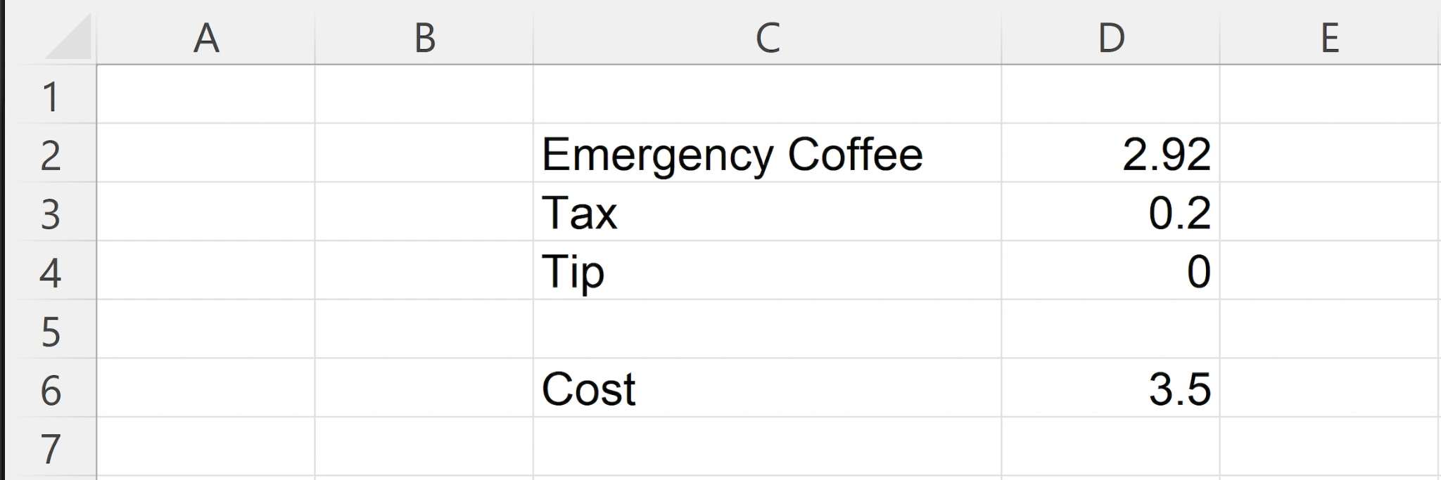 Excel example before adding Codcel tags